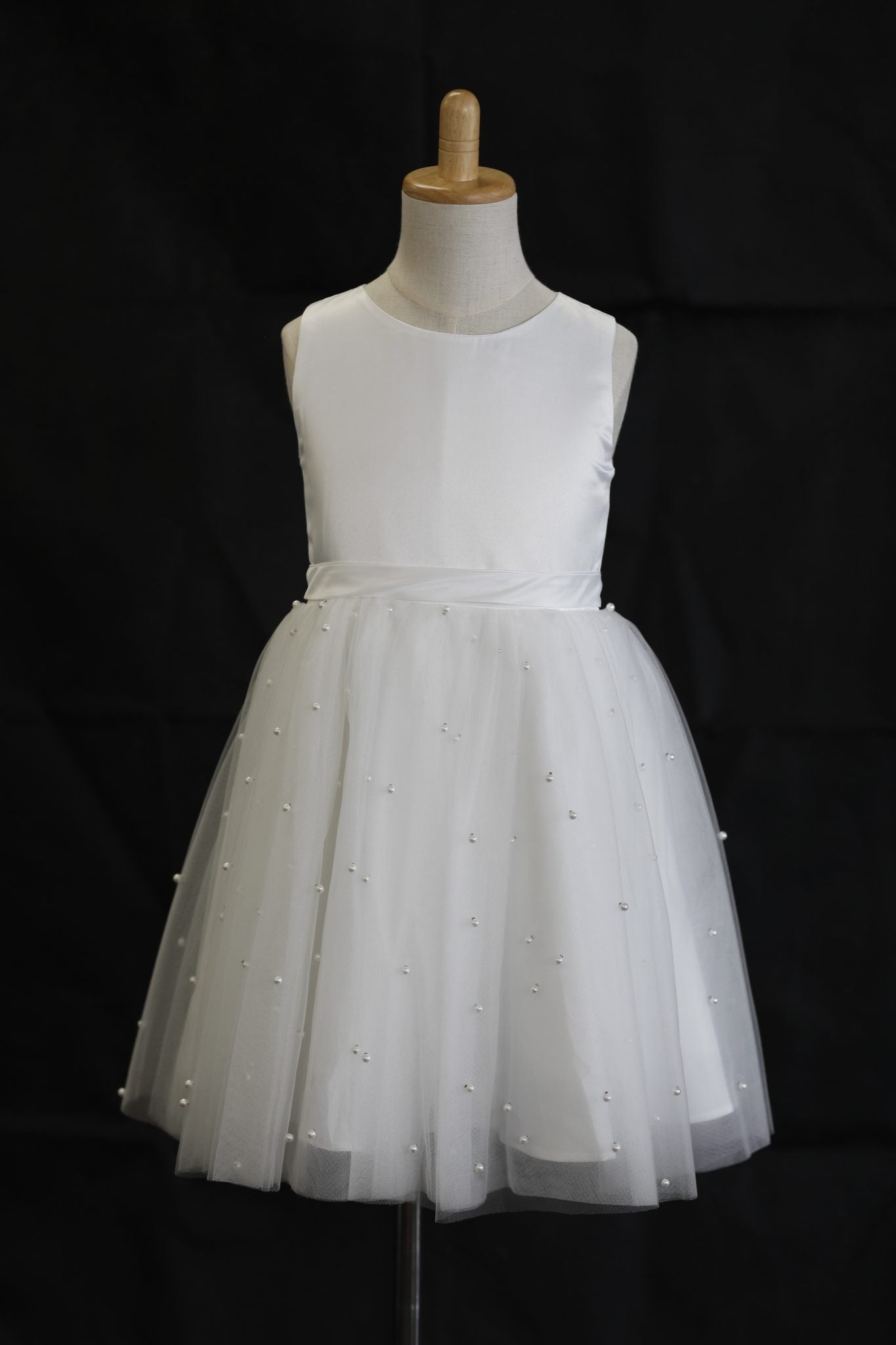 AMELIA Ball Gown Tea-length Flower Girl / Communion Dress - Tulle Sleeveless Scoop Neck With Sash and Pearls Skirt