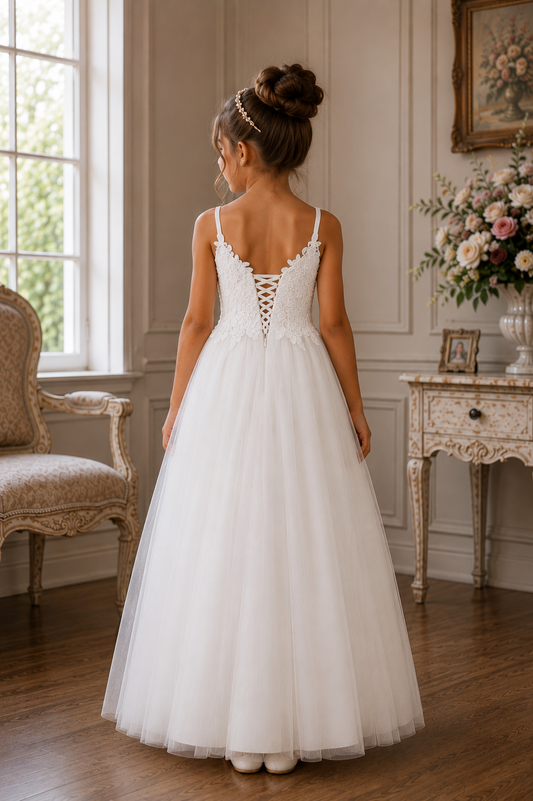 OLIVIA Ball Gown Ankle-Length Flower Girl / Communion Dress - Tulle/ Lace Spaghetti Strap