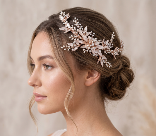 Woman wearing a decorative headpiece with a soft background