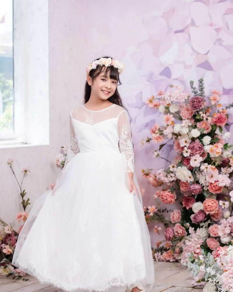 KATHY Column Full-length Long Sleeve Flower Girl /Communion Dress - lace and tulle