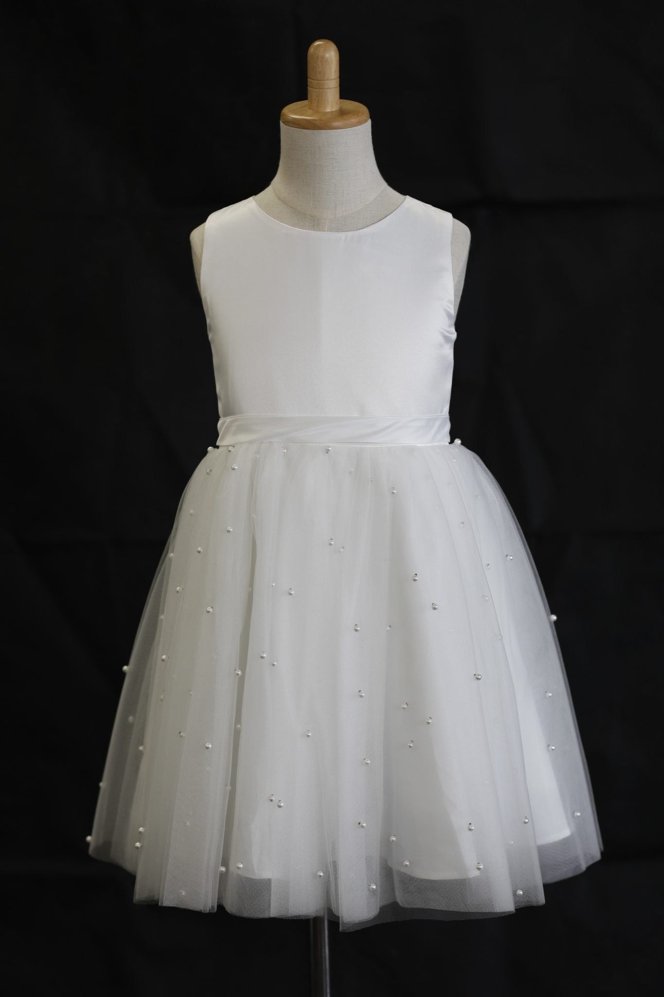 AMELIA Ball Gown Tea-length Flower Girl / Communion Dress - Tulle Sleeveless Scoop Neck With Sash and Pearls Skirt