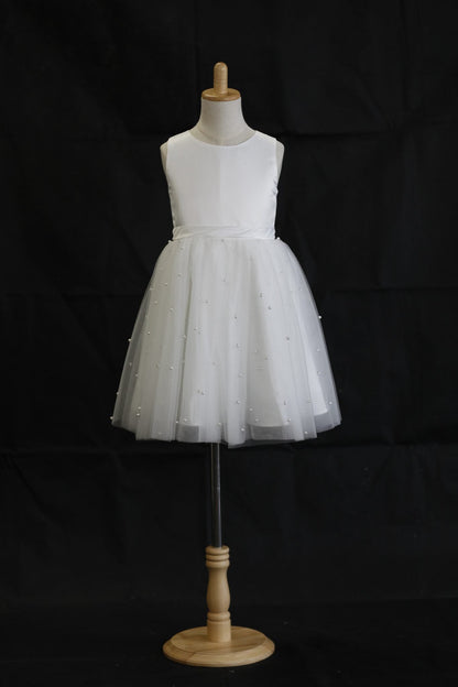 AMELIA Ball Gown Tea-length Flower Girl / Communion Dress - Tulle Sleeveless Scoop Neck With Sash and Pearls Skirt