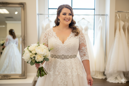 Woman in a lace wedding dress holding a bouquet in a bridal shop.