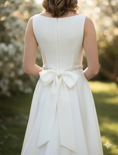 White wedding dress with a large bow detail in an outdoor setting