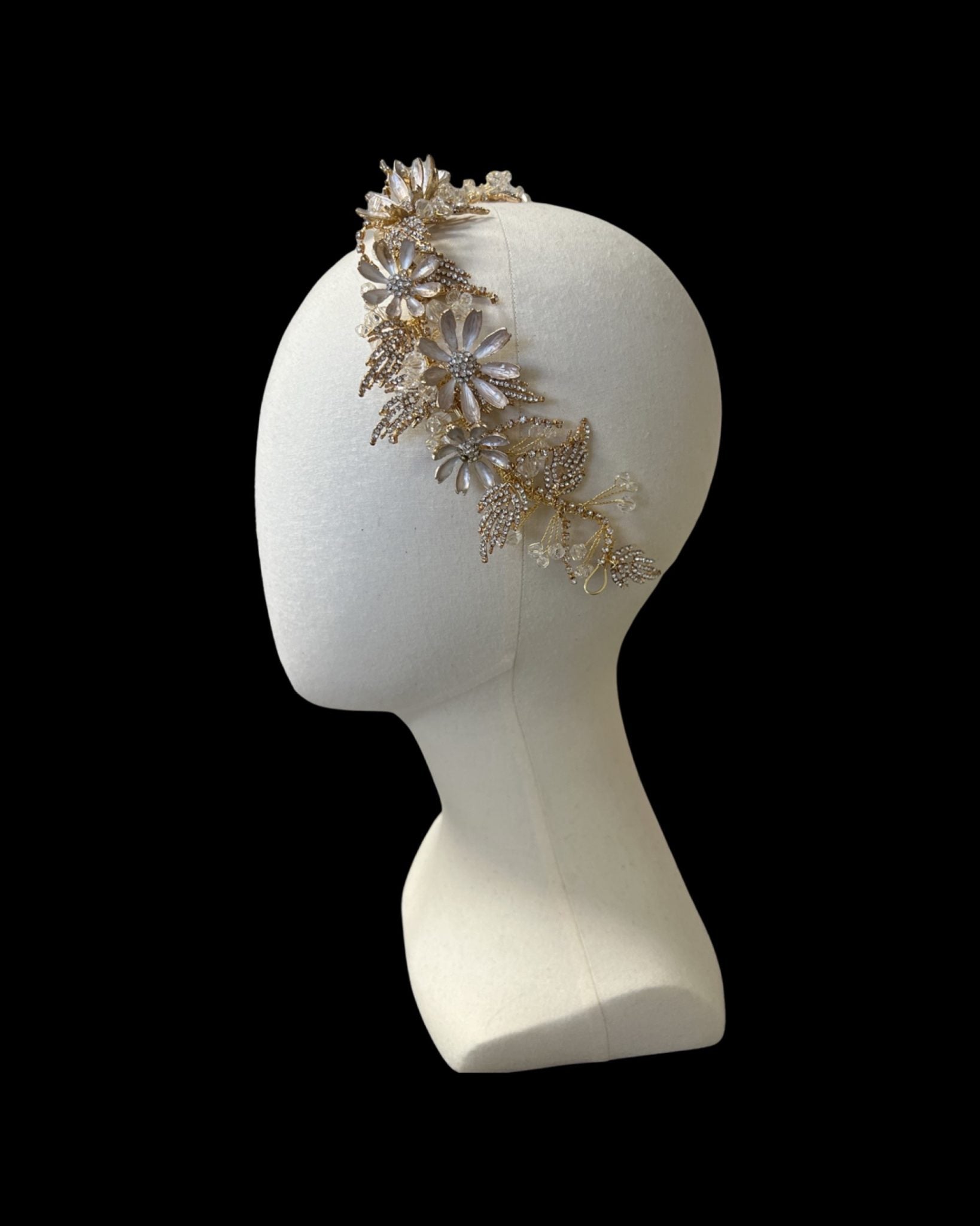 Decorative headband on a mannequin head against a black background
