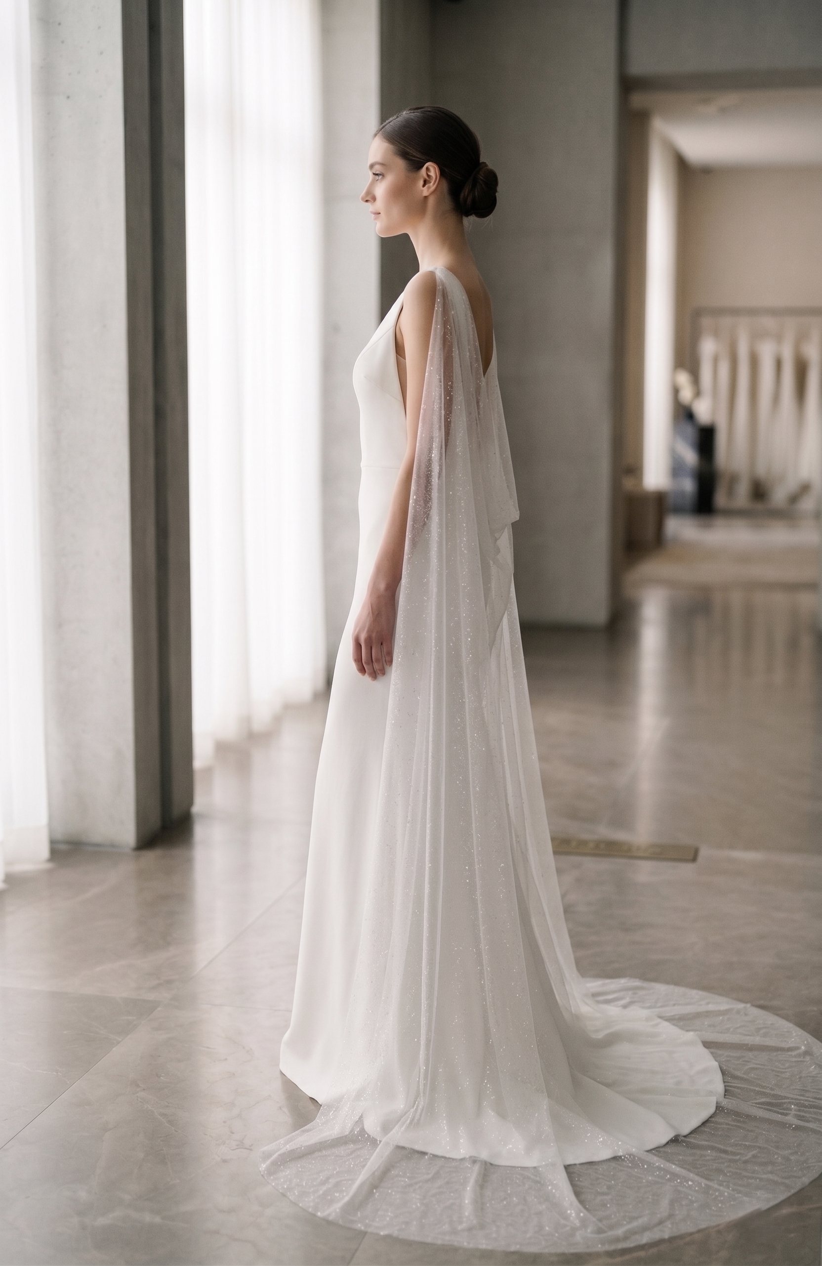 Woman in a white wedding dress standing in a softly lit room with large windows.
