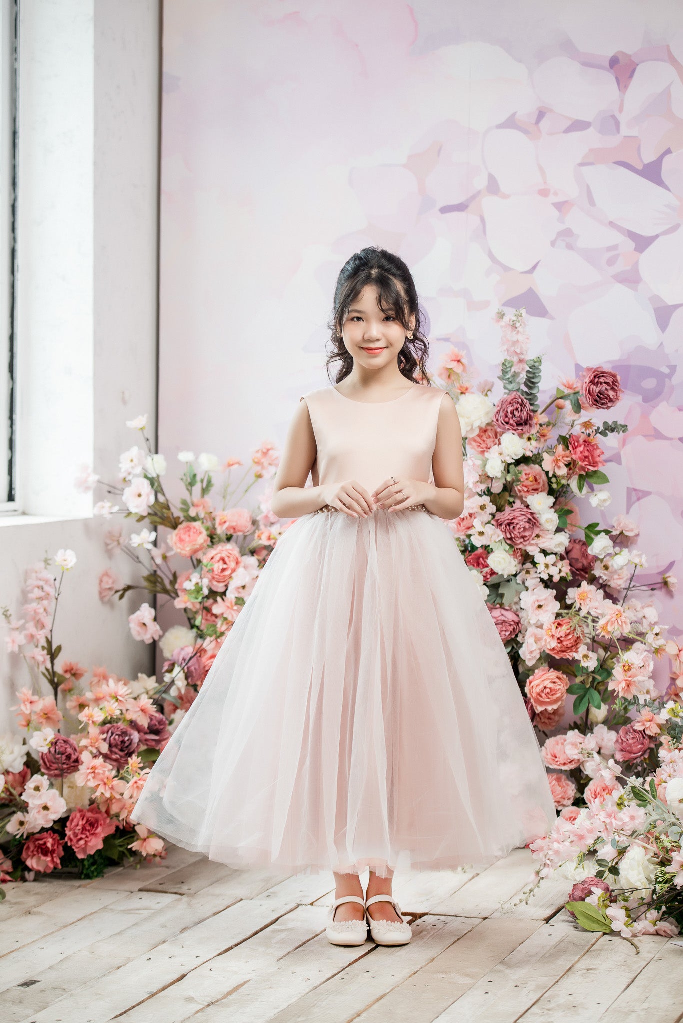Cassia Ball Gown Full-length Flower Girls / Communion Dress  - Satin and Tulle