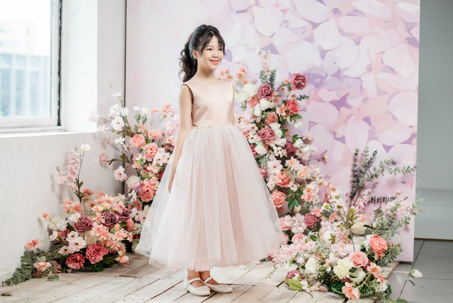 Cassia Ball Gown Full-length Flower Girls / Communion Dress  - Satin and Tulle