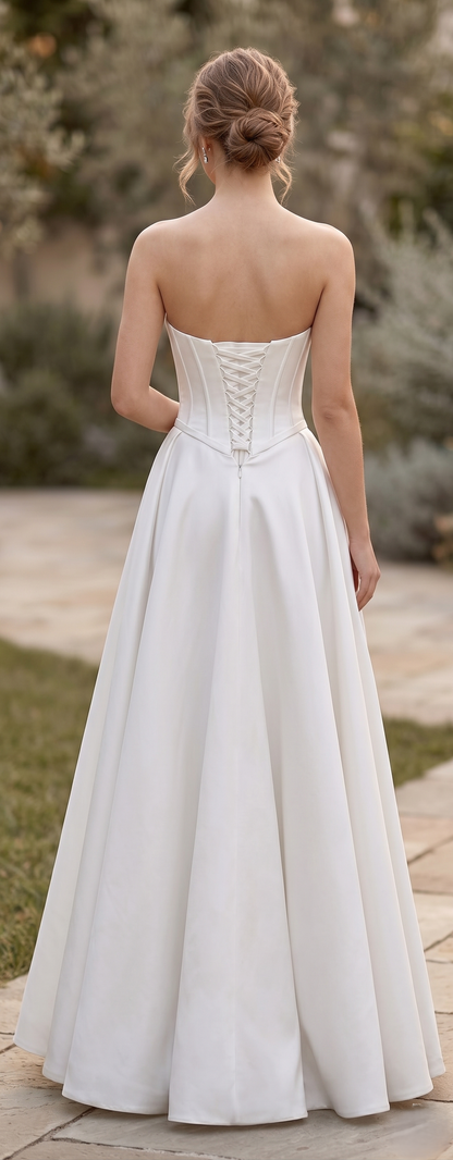 Woman wearing a strapless white wedding dress with a corset back, standing outdoors.