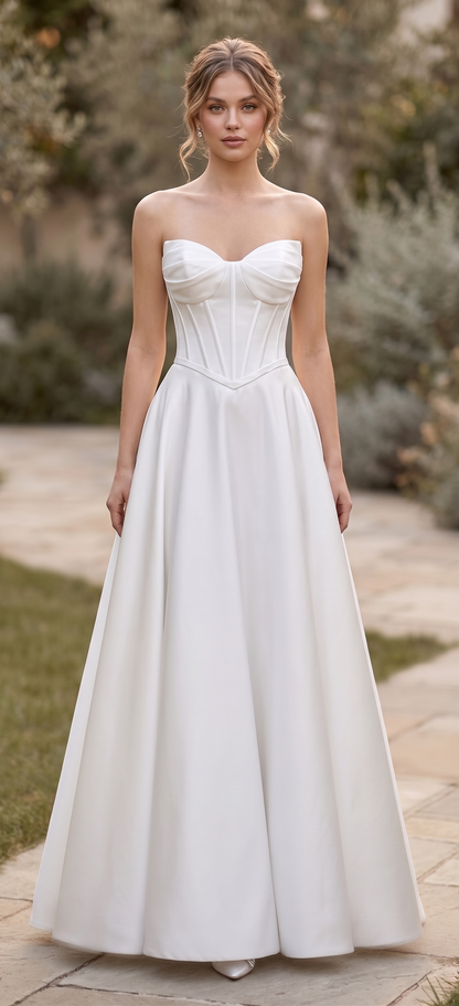 Woman wearing a strapless white wedding dress in an outdoor setting