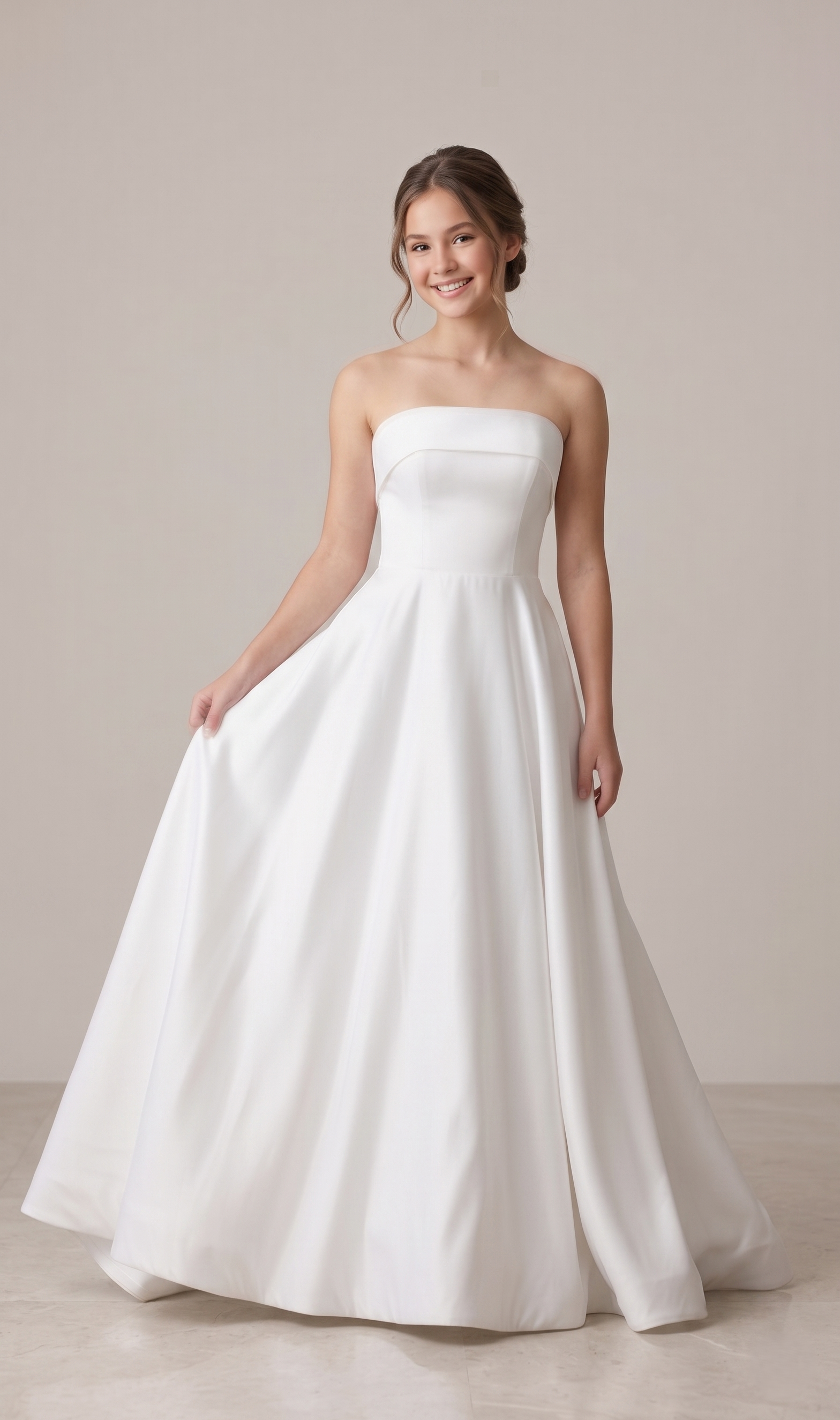 Woman wearing a strapless white wedding dress against a plain background