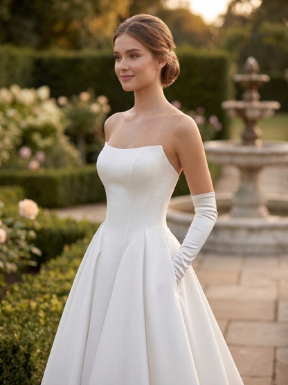 Woman in a white wedding dress with gloves standing in a garden setting.