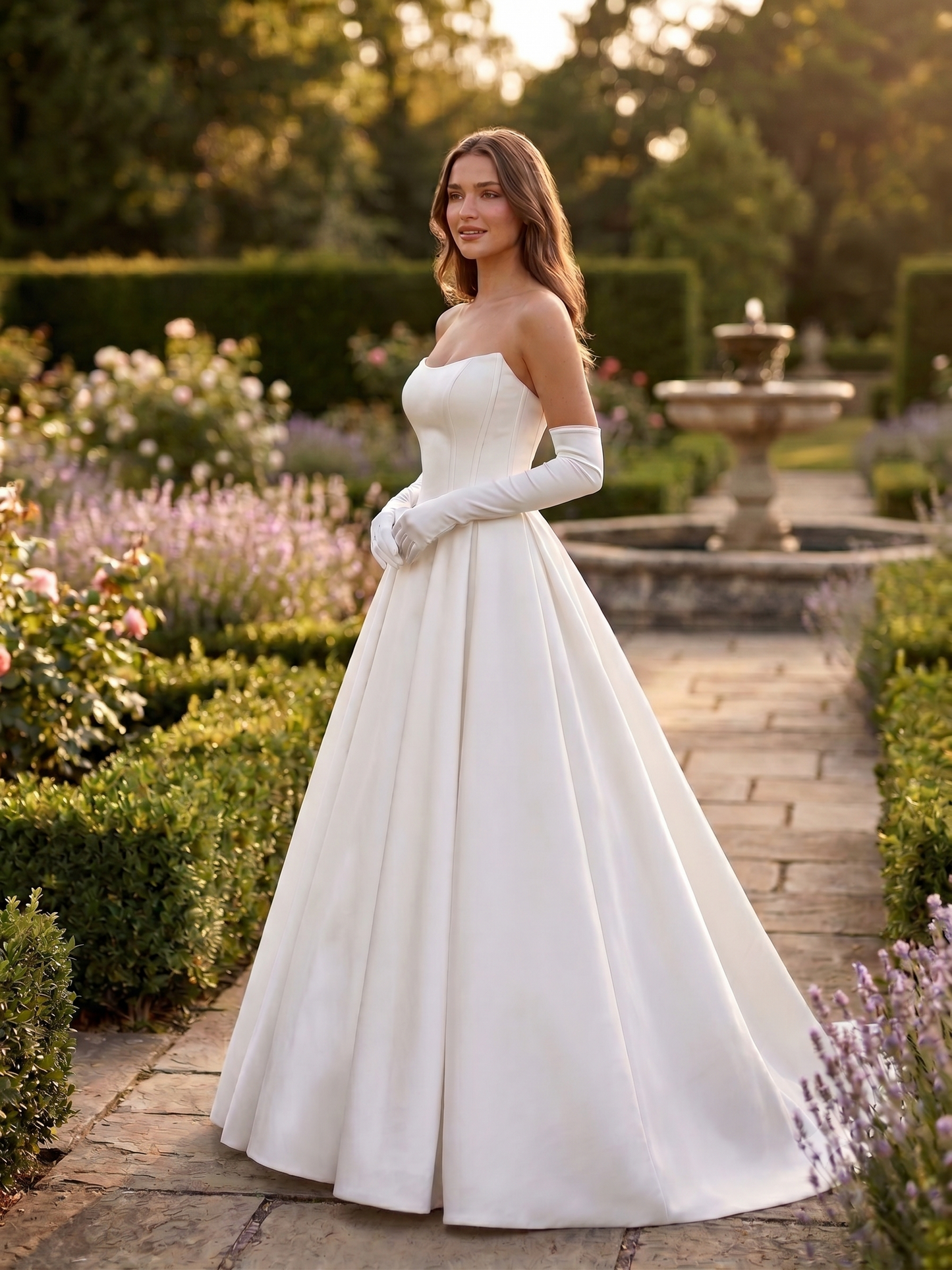 Woman in a white wedding dress standing in a garden with a fountain.