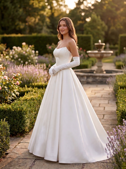 Woman in a white wedding dress standing in a garden with a fountain.