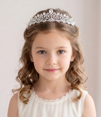 Young girl wearing a silver tiara with a plain background