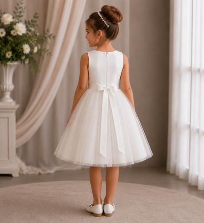 AMELIA Ball Gown Tea-length Flower Girl / Communion Dress - Tulle Sleeveless Scoop Neck With Sash and Pearls Skirt