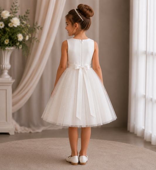 AMELIA Ball Gown Tea-length Flower Girl / Communion Dress - Tulle Sleeveless Scoop Neck With Sash and Pearls Skirt