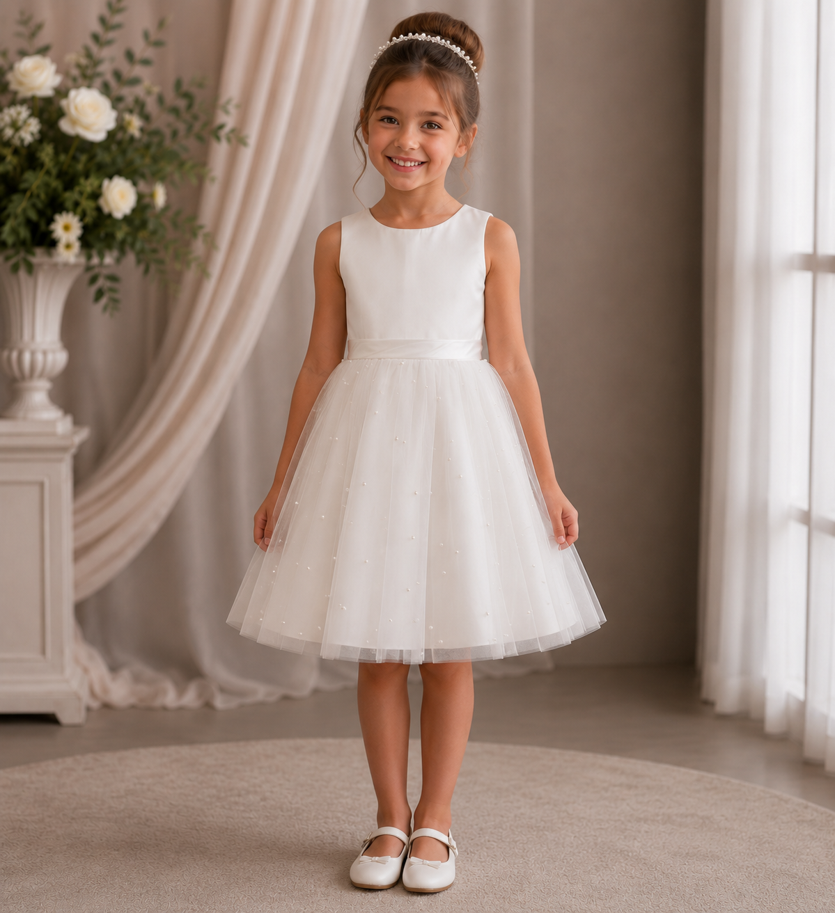AMELIA Ball Gown Tea-length Flower Girl / Communion Dress - Tulle Sleeveless Scoop Neck With Sash and Pearls Skirt