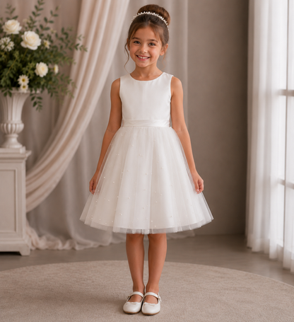 AMELIA Ball Gown Tea-length Flower Girl / Communion Dress - Tulle Sleeveless Scoop Neck With Sash and Pearls Skirt
