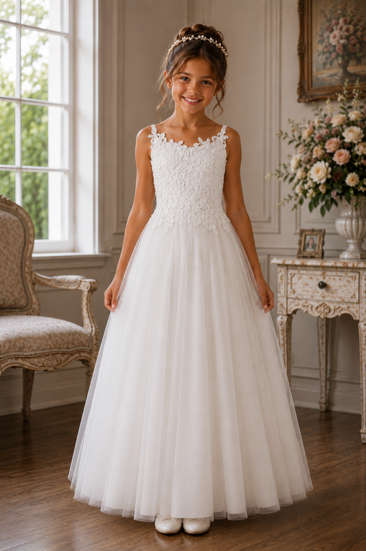 OLIVIA Ball Gown Ankle-Length Flower Girl / Communion Dress - Tulle/ Lace Spaghetti Strap