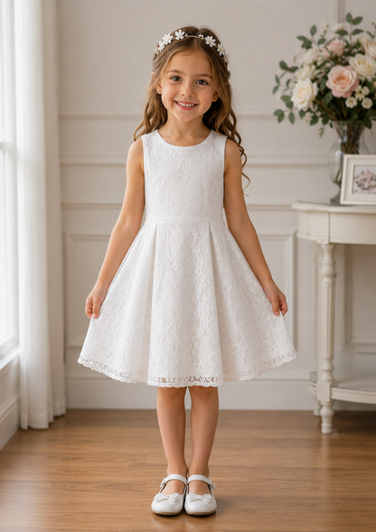 A young girl stands in a bright indoor room wearing a sleeveless white lace dress with a flared skirt, white shoes, and a floral headband.
