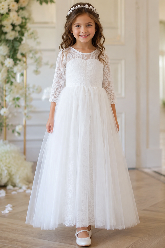 KATIE Column Full-length Flower Girl / Communion Dress – lace and tulle