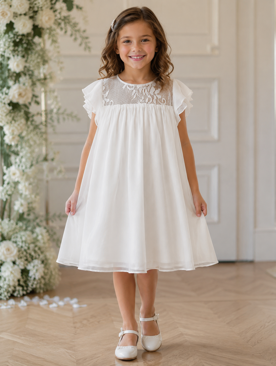 Mia A-Line Tea-length Flower Girl Dress - Sparkle chiffon