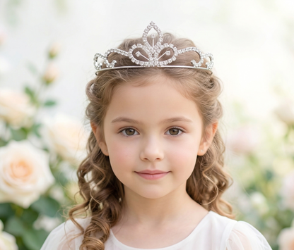 Young girl wearing a tiara with a floral background