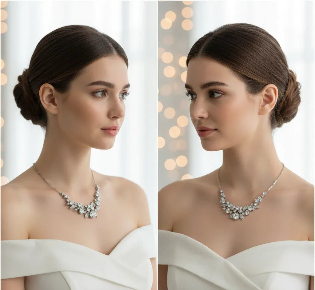 Side-by-side comparison of a woman wearing a necklace with a blurred background