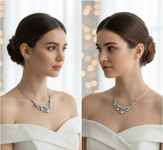 Side-by-side comparison of a woman wearing a necklace with a blurred background