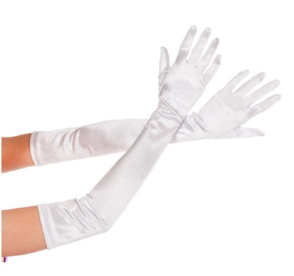 White satin gloves worn by a person on a white background