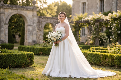 A bride in a strapless white wedding gown with a long veil holds a bouquet of white flowers in an outdoor garden setting with stone arches and hedges.