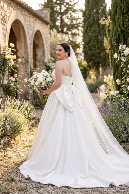 A woman wearing a strapless white wedding dress with a long sheer veil and a large bow at the back, standing outdoors in a garden beside stone arches and holding a bouquet of white flowers.