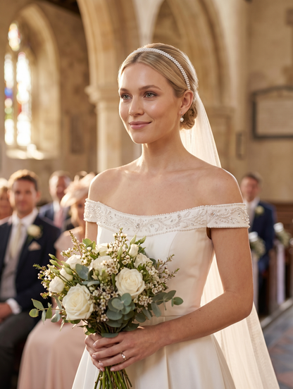 Bride holding a bouquet in a church setting