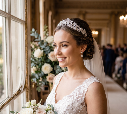 Bride in a white wedding dress with a tiara, holding flowers, in a grand hall.