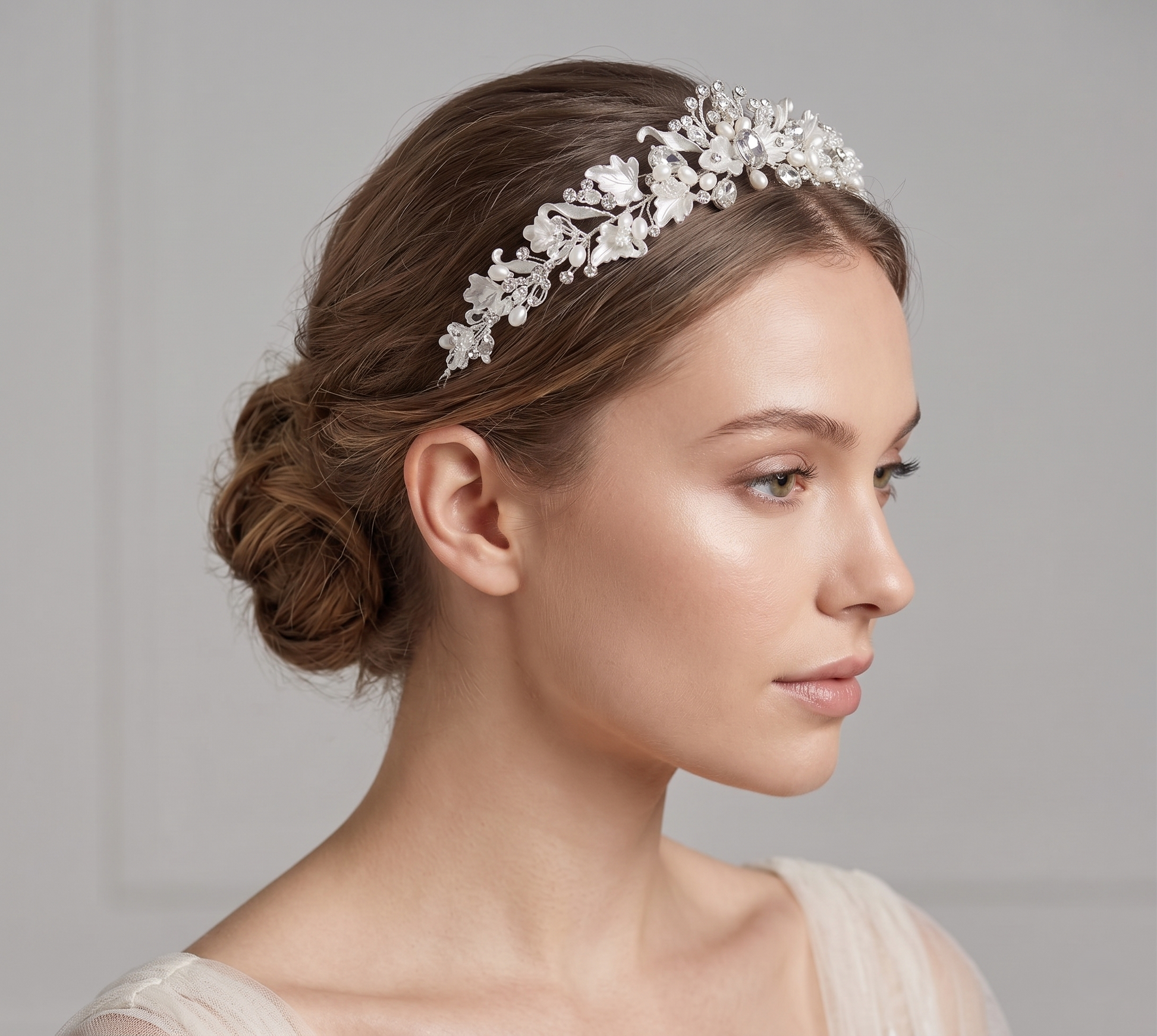 Woman wearing a decorative headband with a plain background