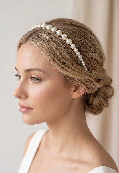 Woman wearing a pearl headband with a neutral background