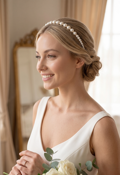 Bride wearing a pearl headband with a soft smile, holding flowers indoors.