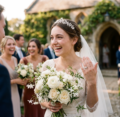 Bride holding a bouquet of flowers with a wedding party in the background.