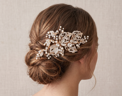 Woman with braided hair wearing a decorative hairpiece against a neutral background