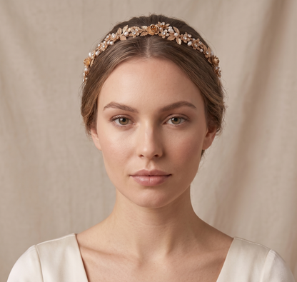 Woman wearing a decorative headband against a neutral background