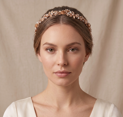 Woman wearing a decorative headband against a beige background