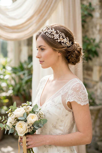 Bride in a lace wedding dress with a floral headpiece and bouquet, standing outdoors.