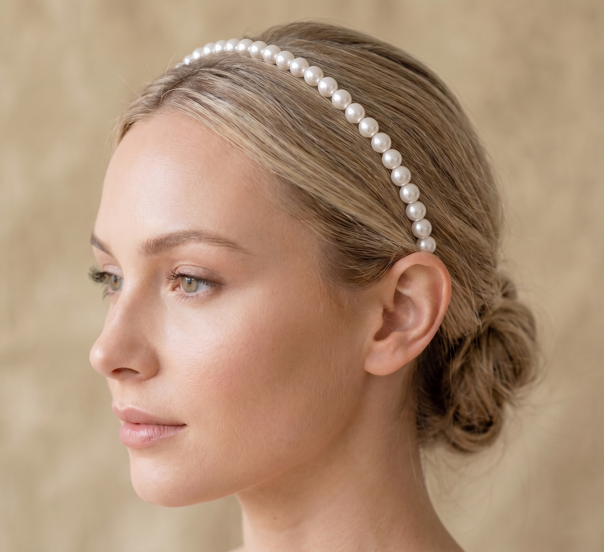 Woman wearing a pearl headband against a beige background