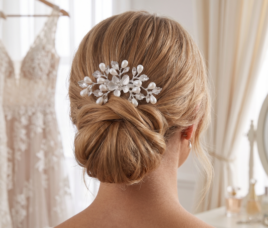 Bridal hair updo with decorative hairpiece in front of a wedding dress