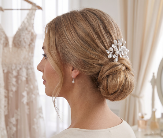Woman with styled hair featuring a decorative hairpiece in a bridal setting.