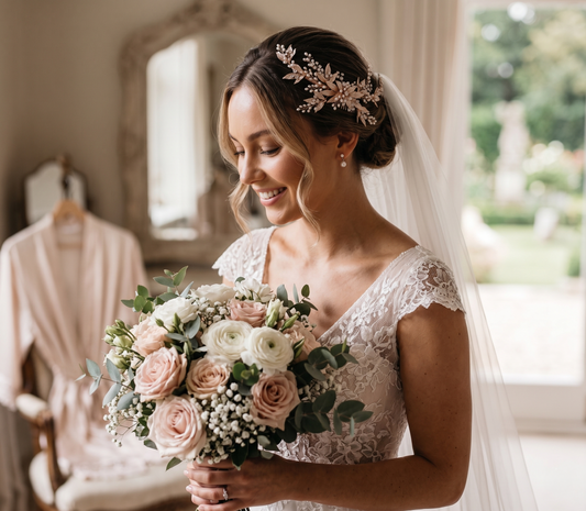 Bride holding a bouquet of flowers in a room with a mirror and window.