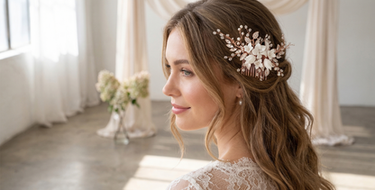 Woman with floral hairpiece in a softly lit room