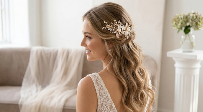 Woman with styled hair and a floral headpiece in a bright room.