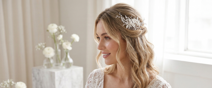 Woman with floral hairpiece in a softly lit room